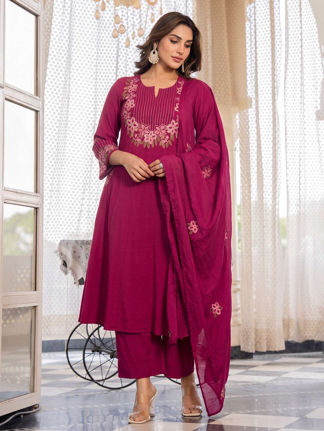 women embroidered three quarter sleeves kurta pant set with dupatta