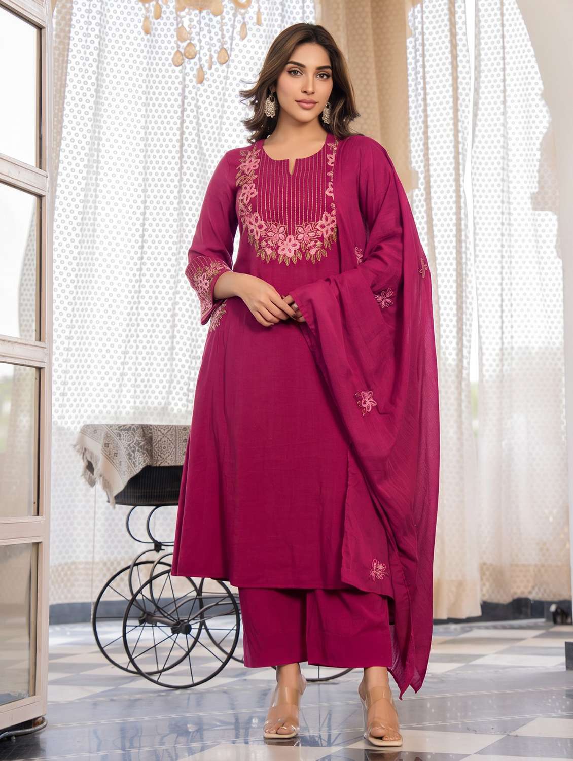 women embroidered three quarter sleeves kurta pant set with dupatta - 22471789 -  Standard Image - 3