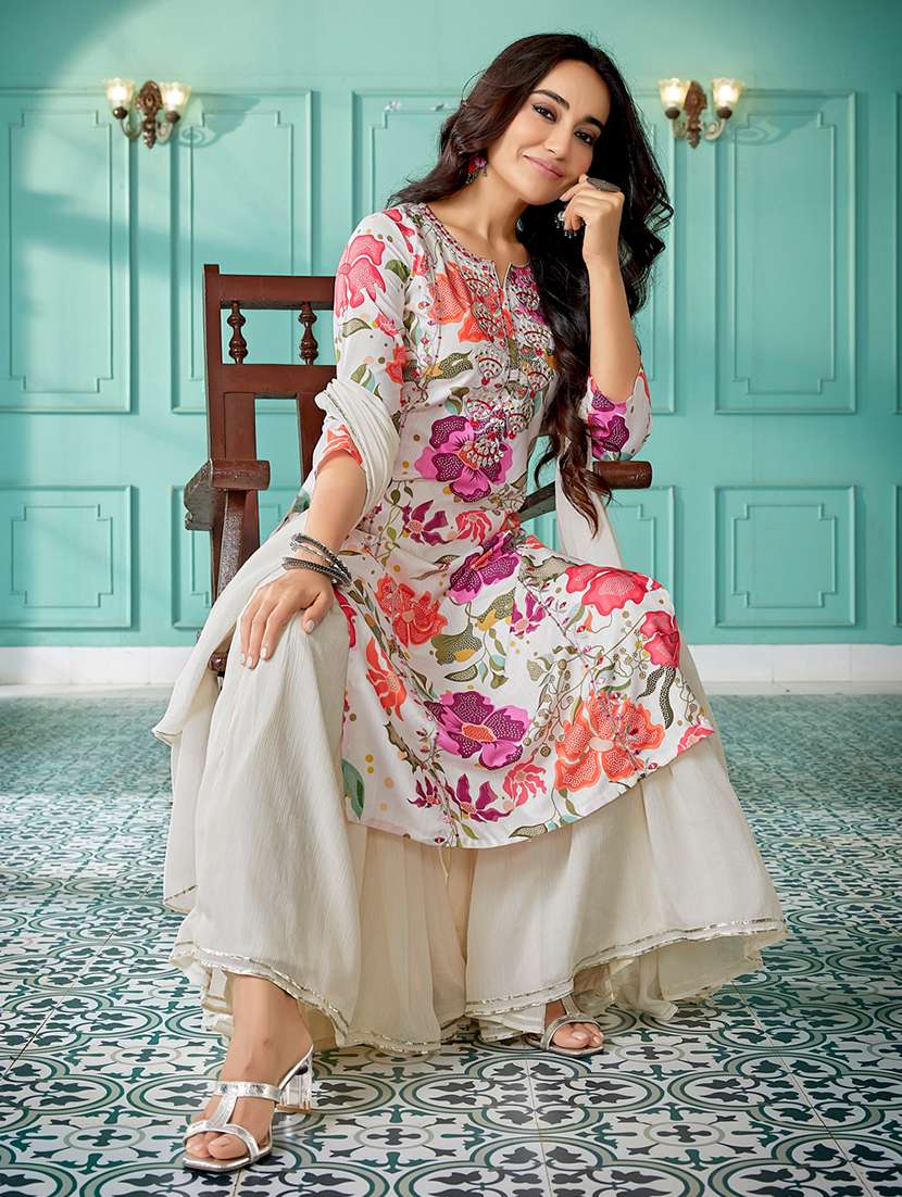 women printed three quarter sleeves kurta sharara set with dupatta