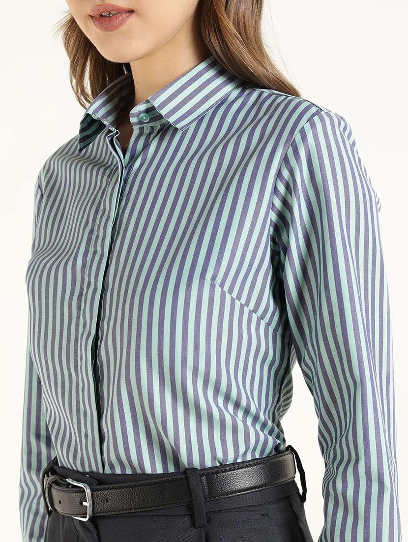 women striped long sleeve collared shirt