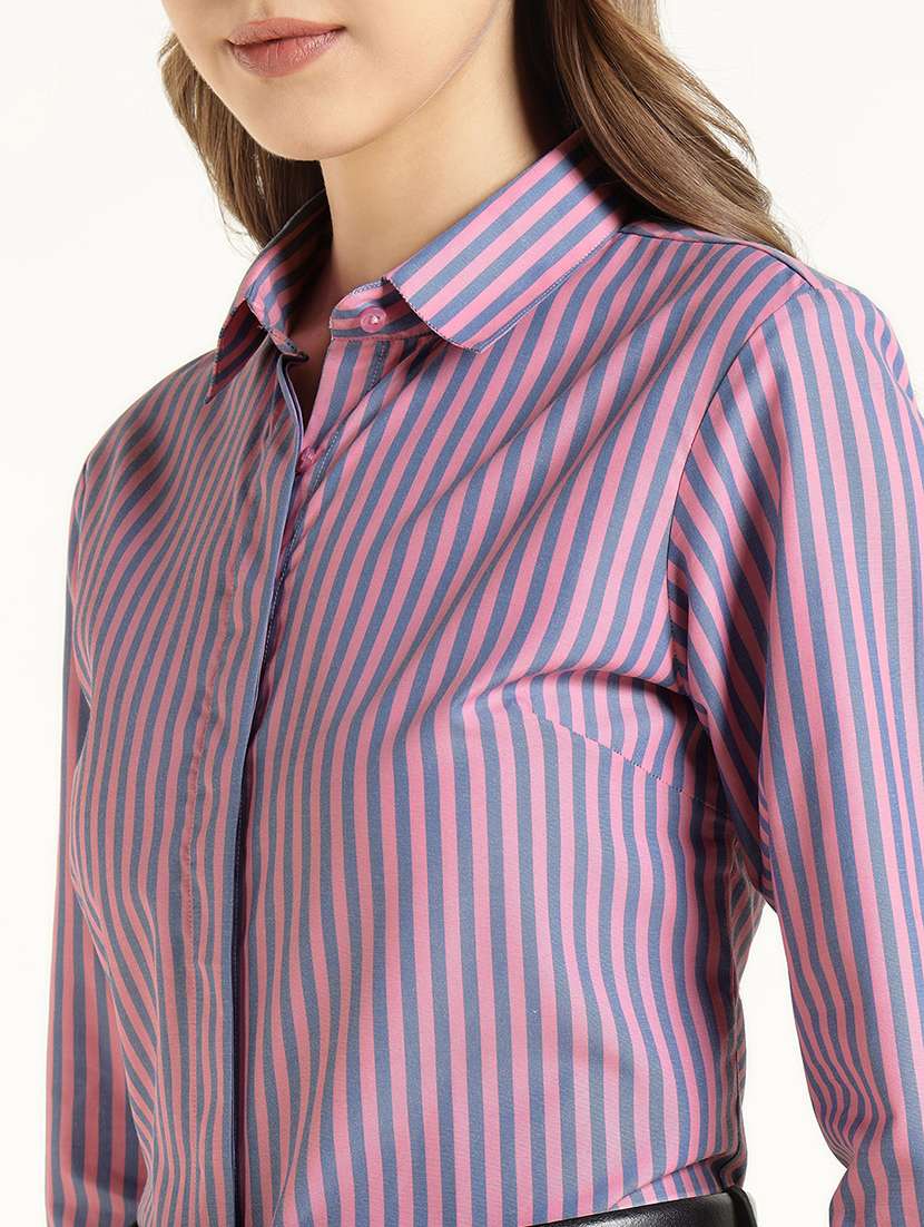 women striped long sleeve collared shirt