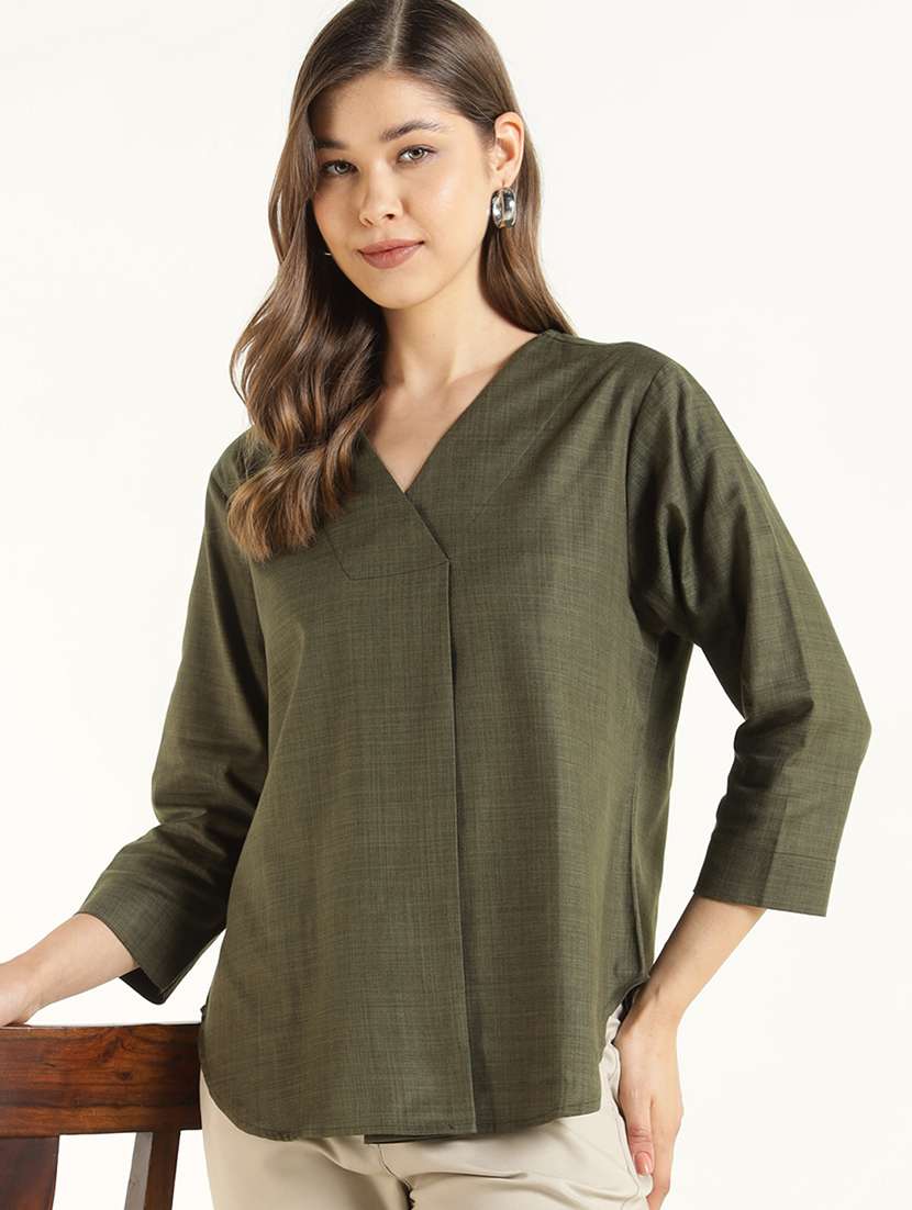 women olive cotton v-neck regular fit top
