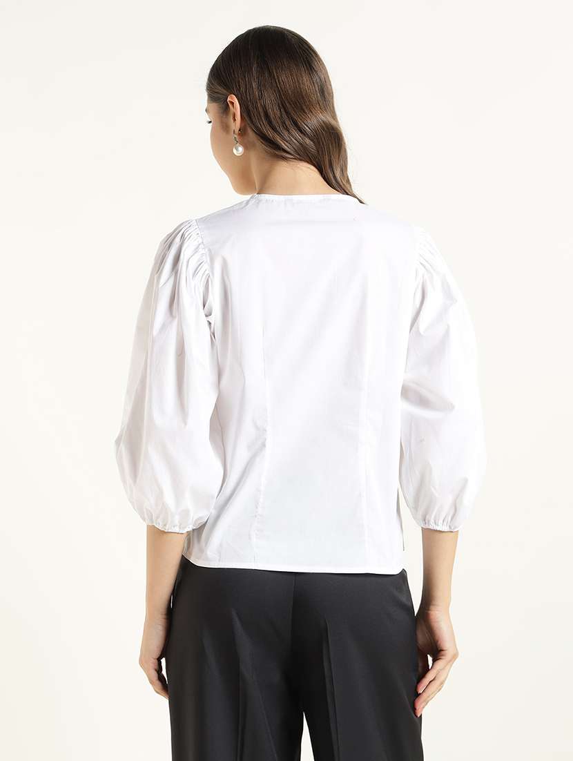 women cotton regular fit white puff sleeve shirt - 22471841 -  Standard Image - 3