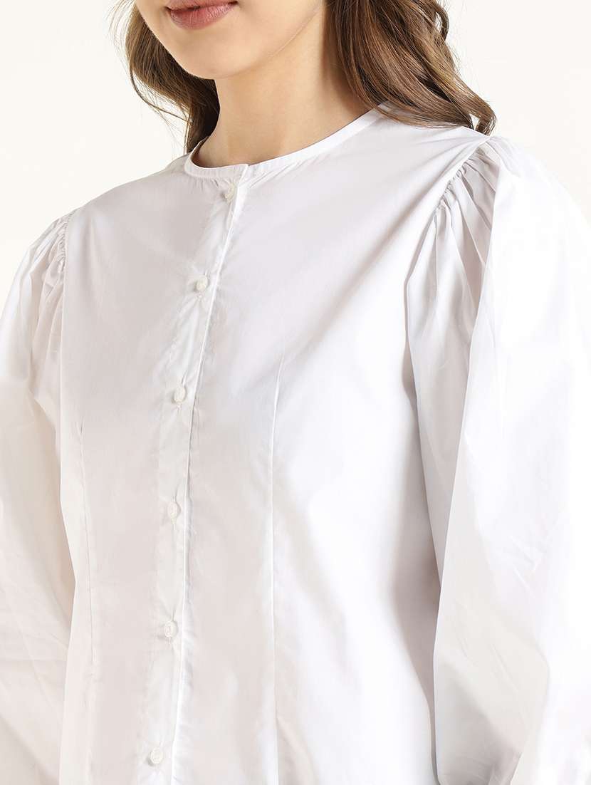 women cotton regular fit white puff sleeve shirt - 22471841 -  Standard Image - 5