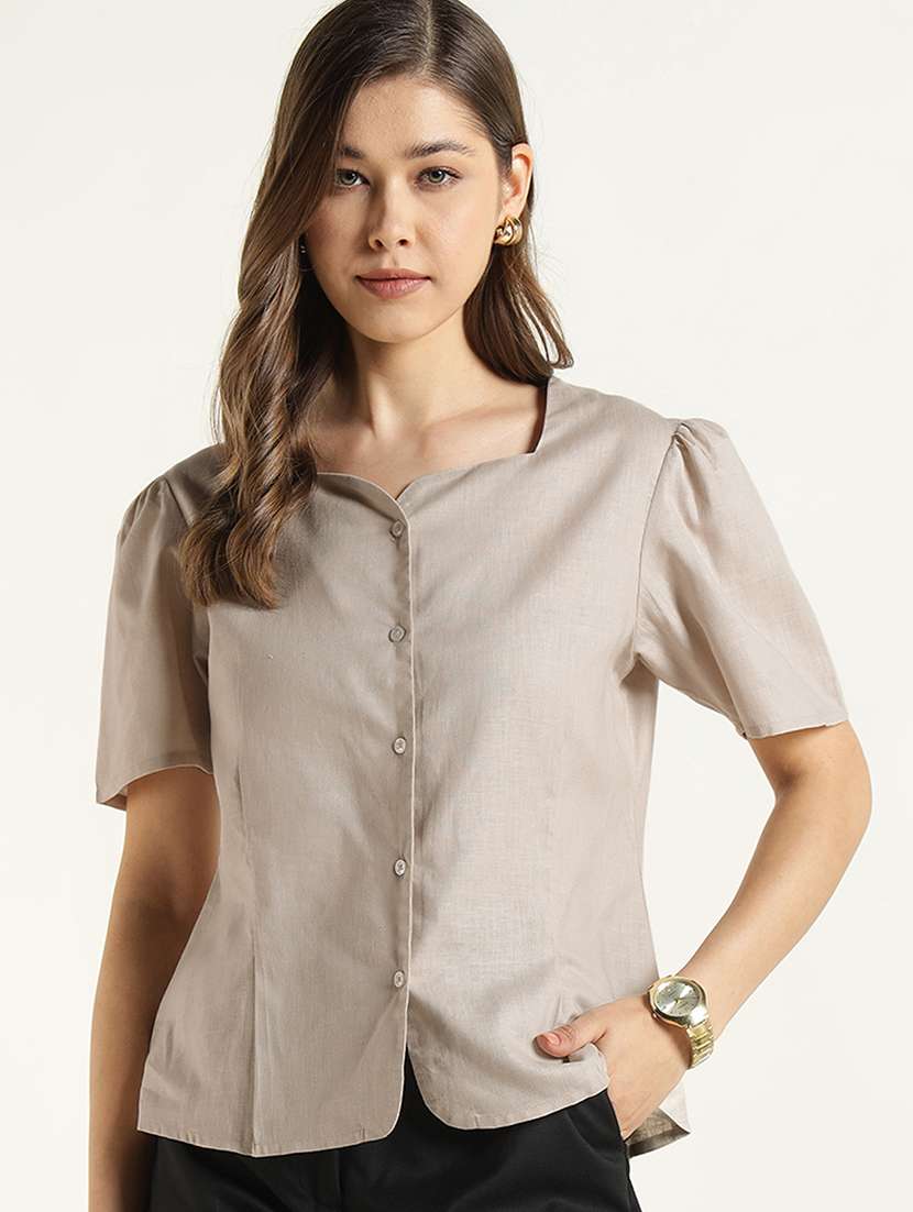 women beige linen blend regular formal shirt