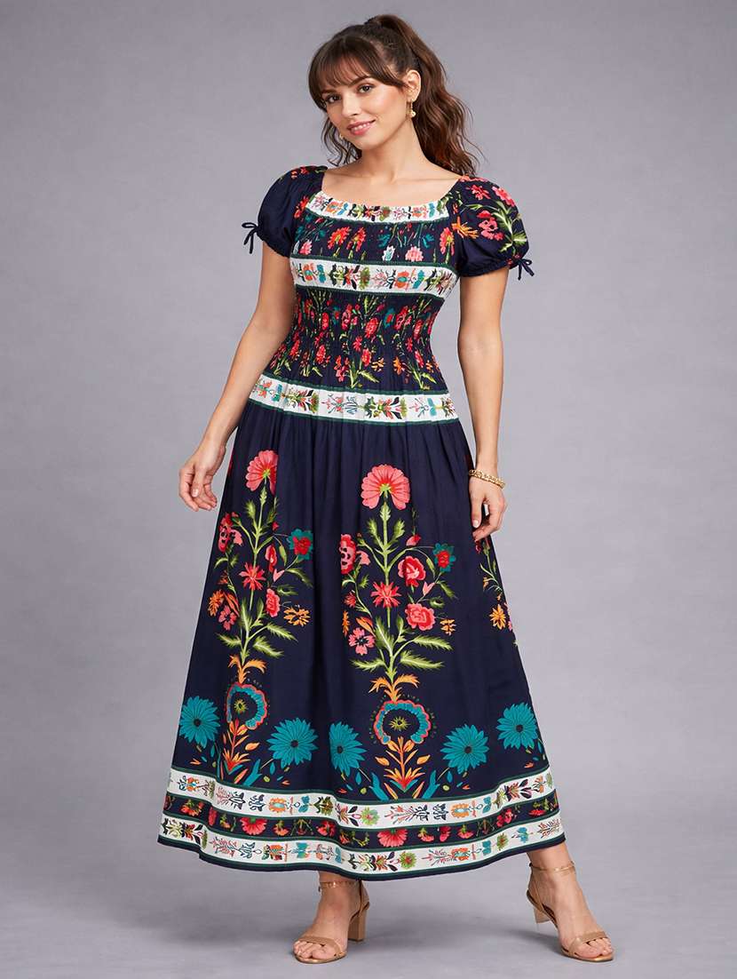 women navy blue cotton fit & flare dress
