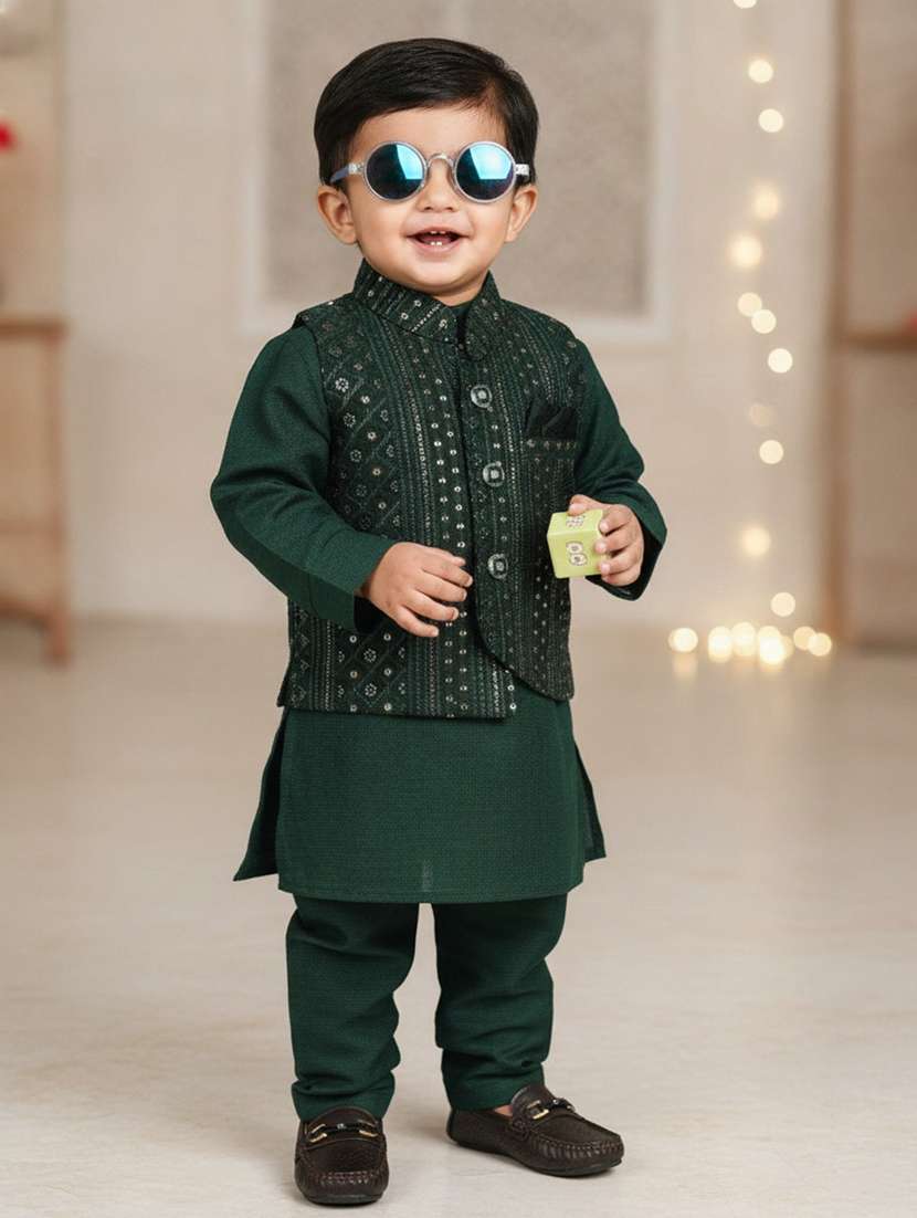 boys embroidered long sleeves kurta set with jacket