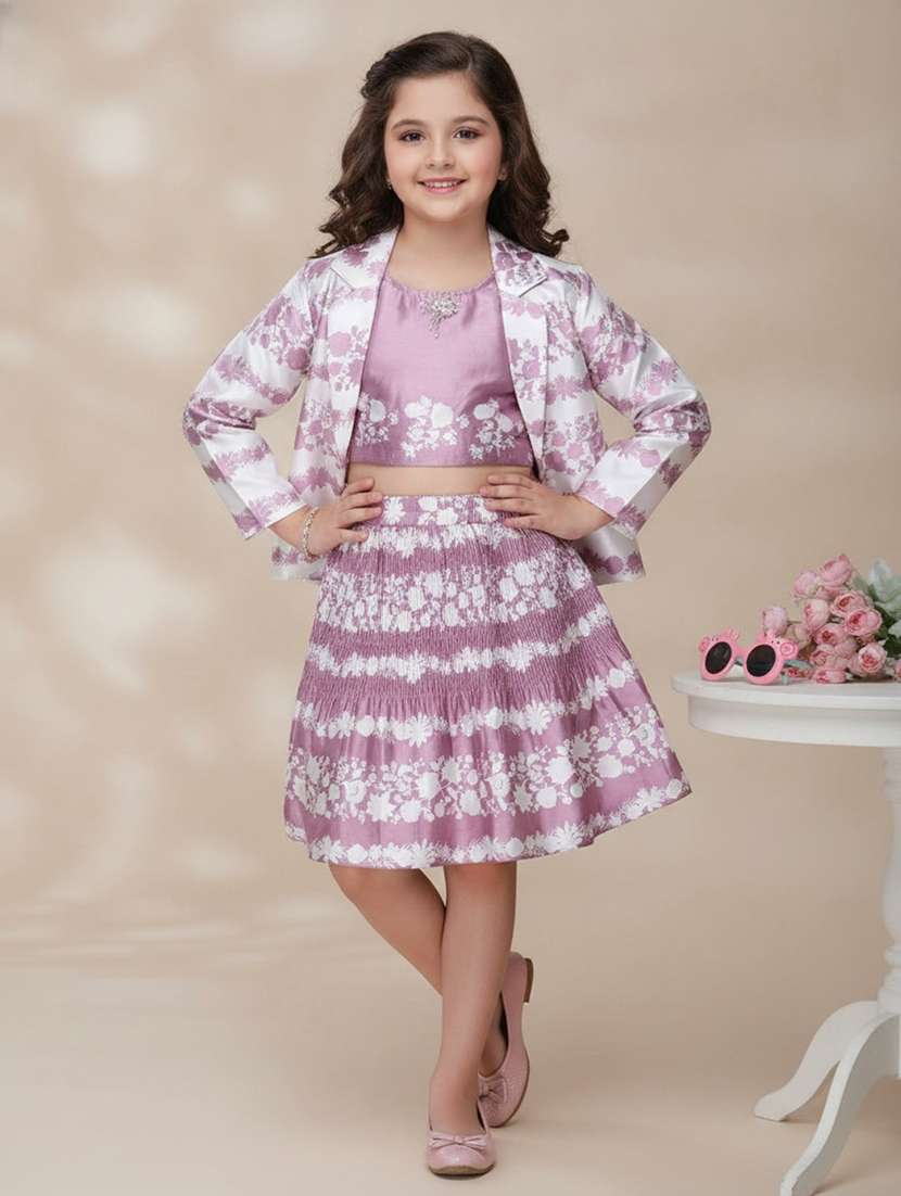 girls printed round neck top and skirt with jacket