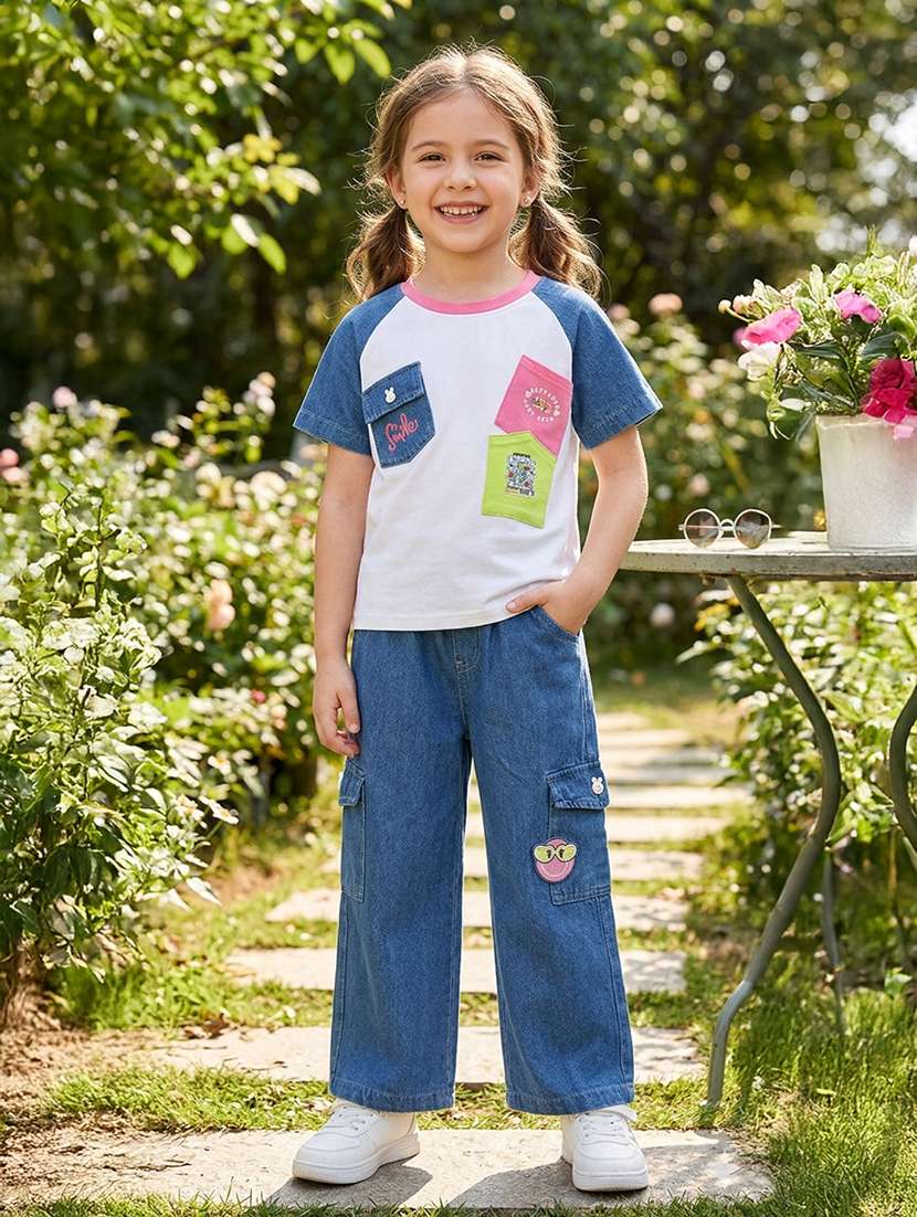 girls colourblocked short sleeves full length set