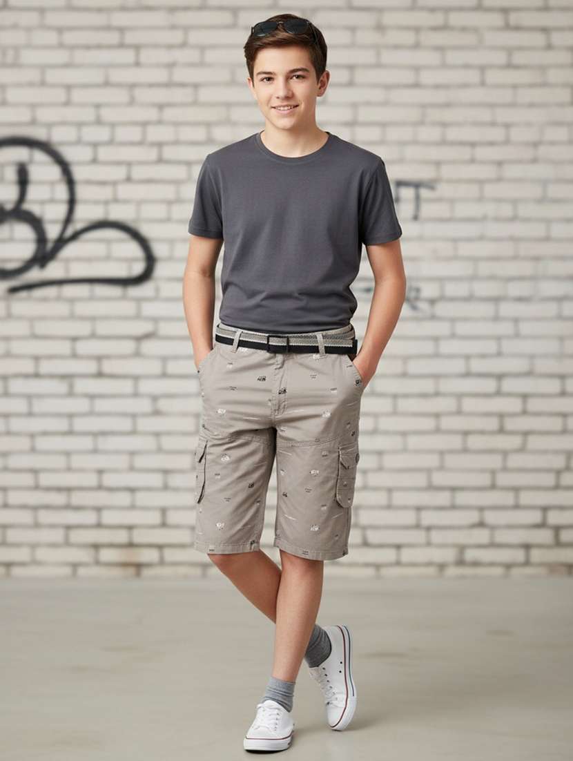 boys printed mid rise cargo three fourth shorts