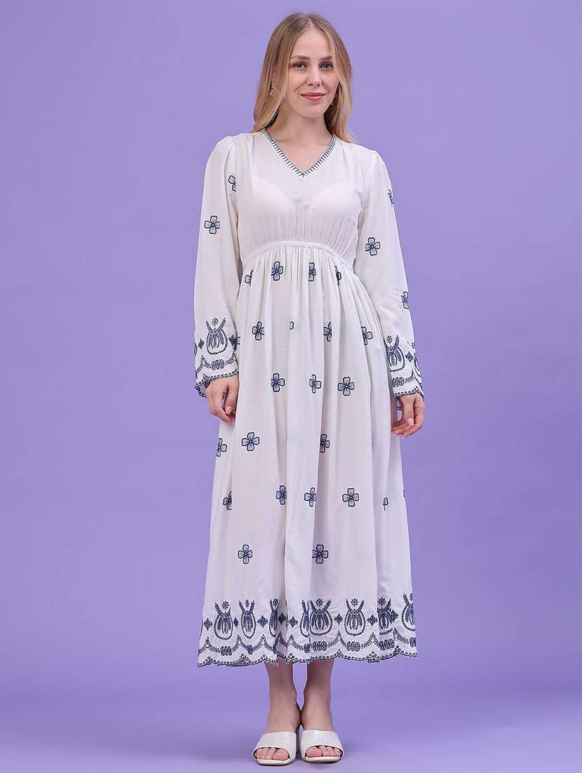 women embroidered long sleeves fit and flare dress