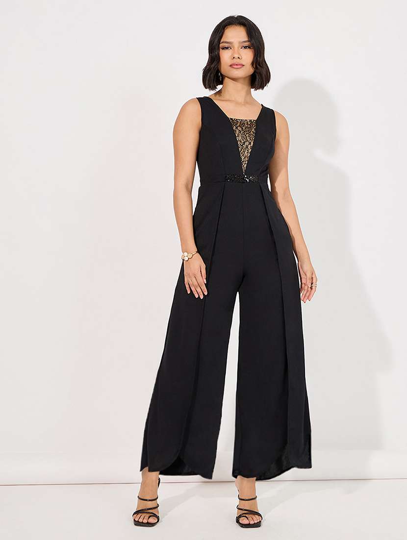 women solid black polyester full leg jumpsuit