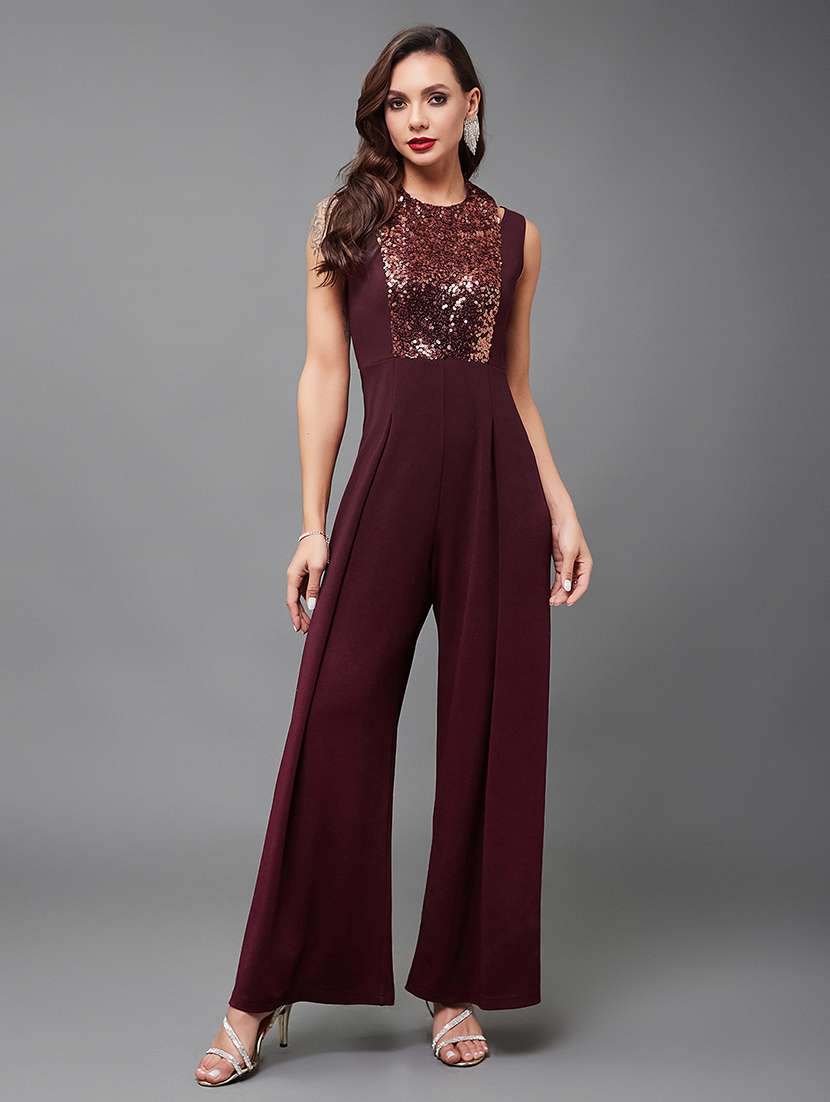 women maroon polyester full leg jumpsuit