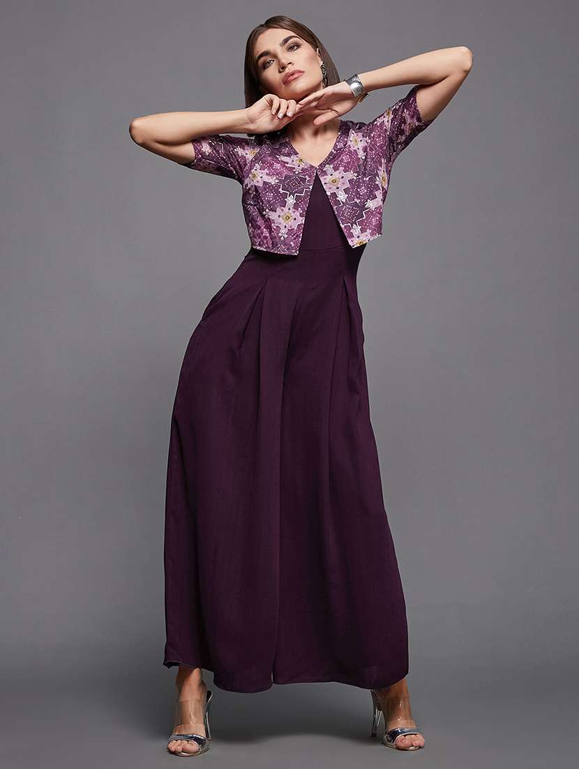 women solid v-neck purple full leg jumpsuit - 22472401 -  Standard Image - 3