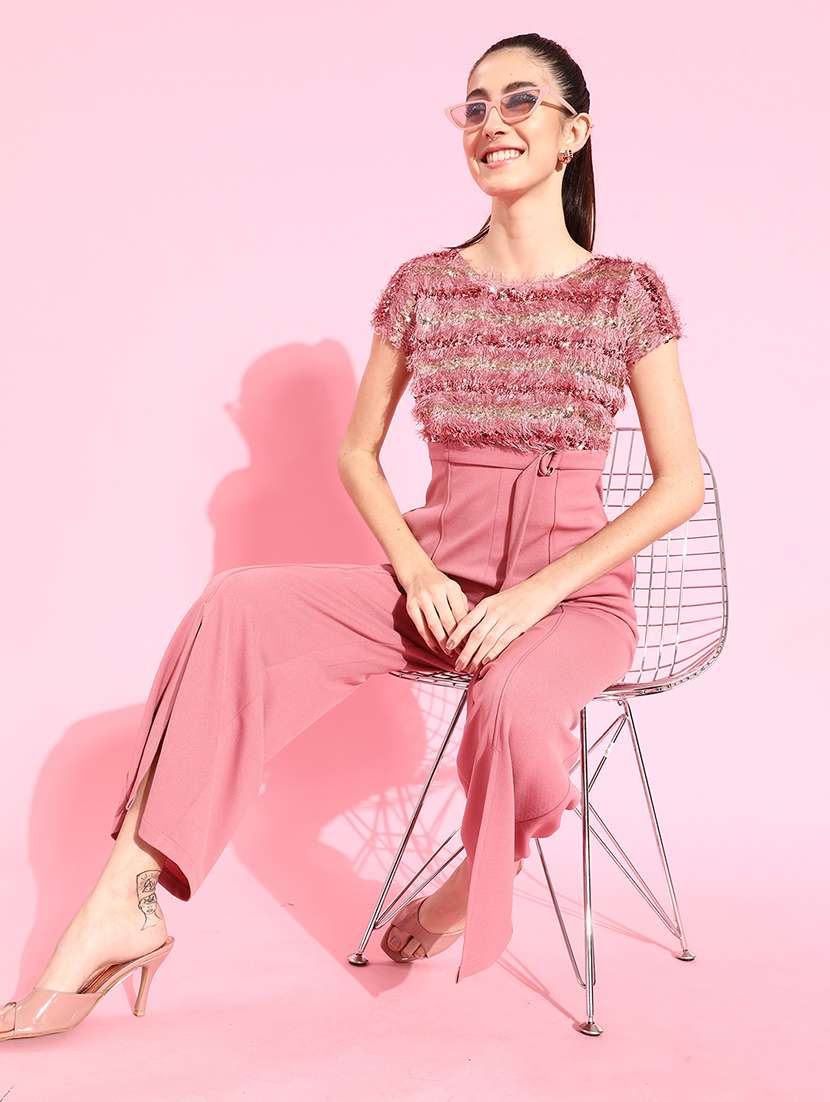 women pink polyester full leg jumpsuit