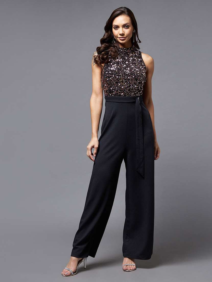 women solids black polyester full leg jumpsuit