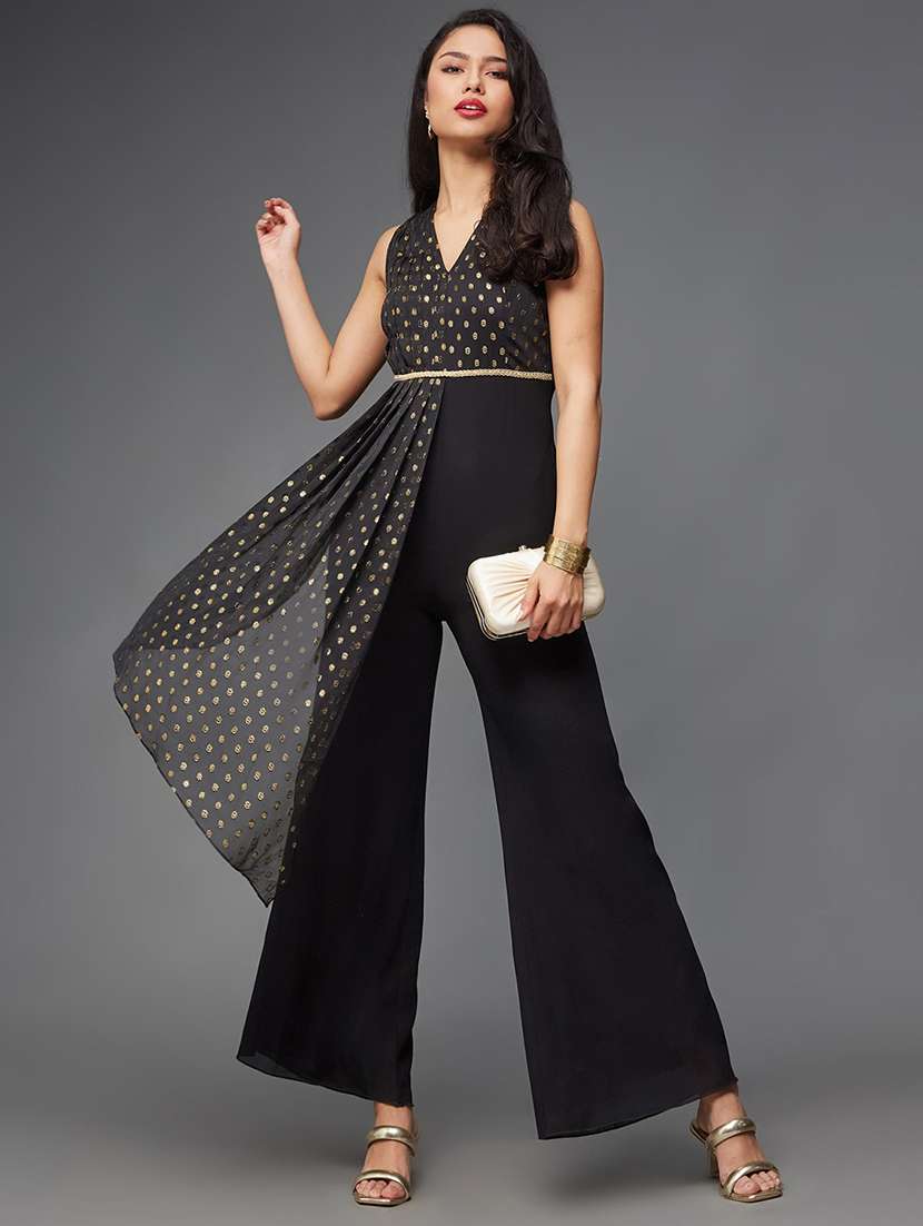 women printed black polyester full leg jumpsuit