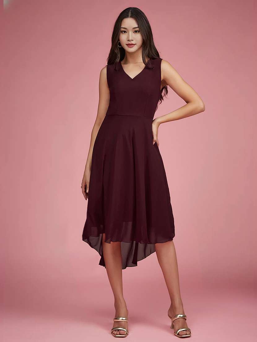 women maroon polyester a-line dress