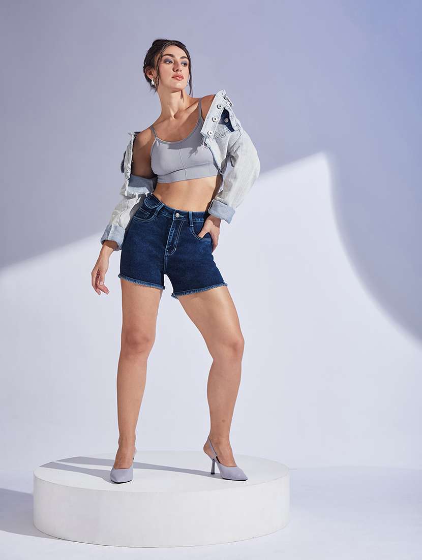 women blue denim denim shorts short