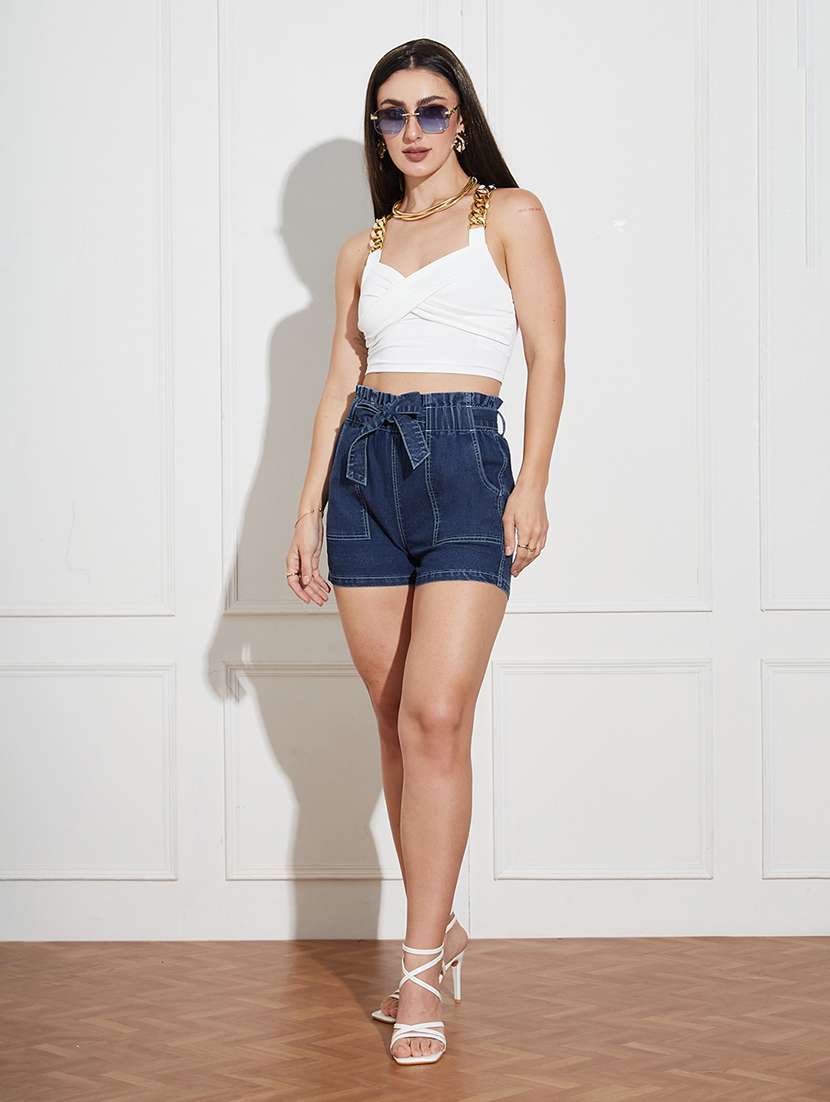 women blue denim denim shorts short