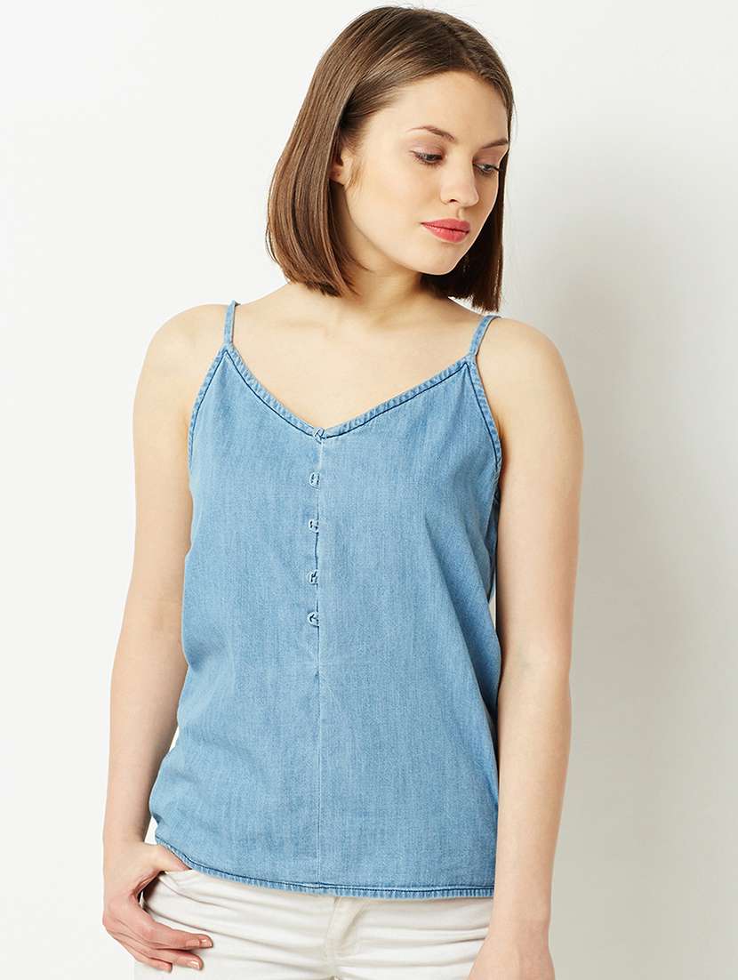 Women Solid Blue Denim Regular Top - 22472467 -  Standard Image - 3