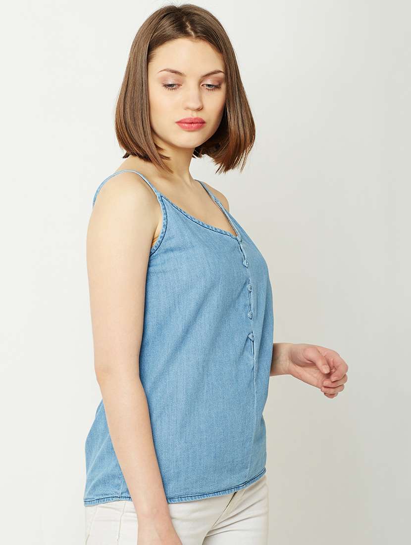 Women Solid Blue Denim Regular Top - 22472467 -  Standard Image - 5