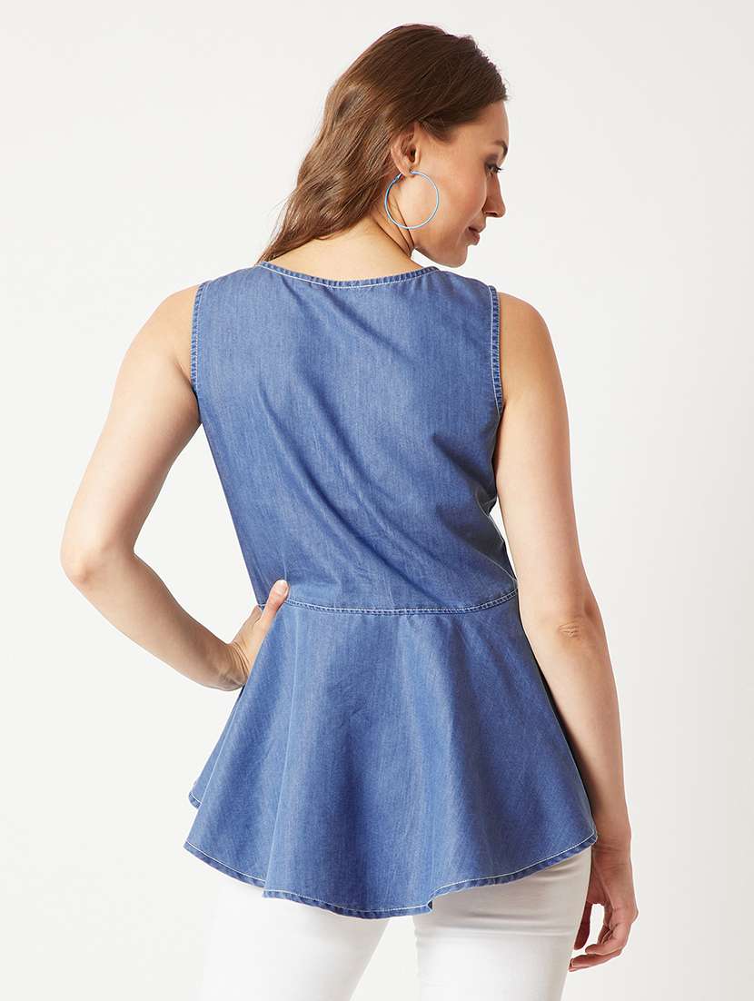 women solid blue denim regular top - 22472468 -  Standard Image - 3