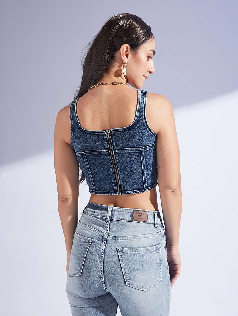 Women Solid Blue Denim Regular Top - 22472469 -  Standard Image - 3