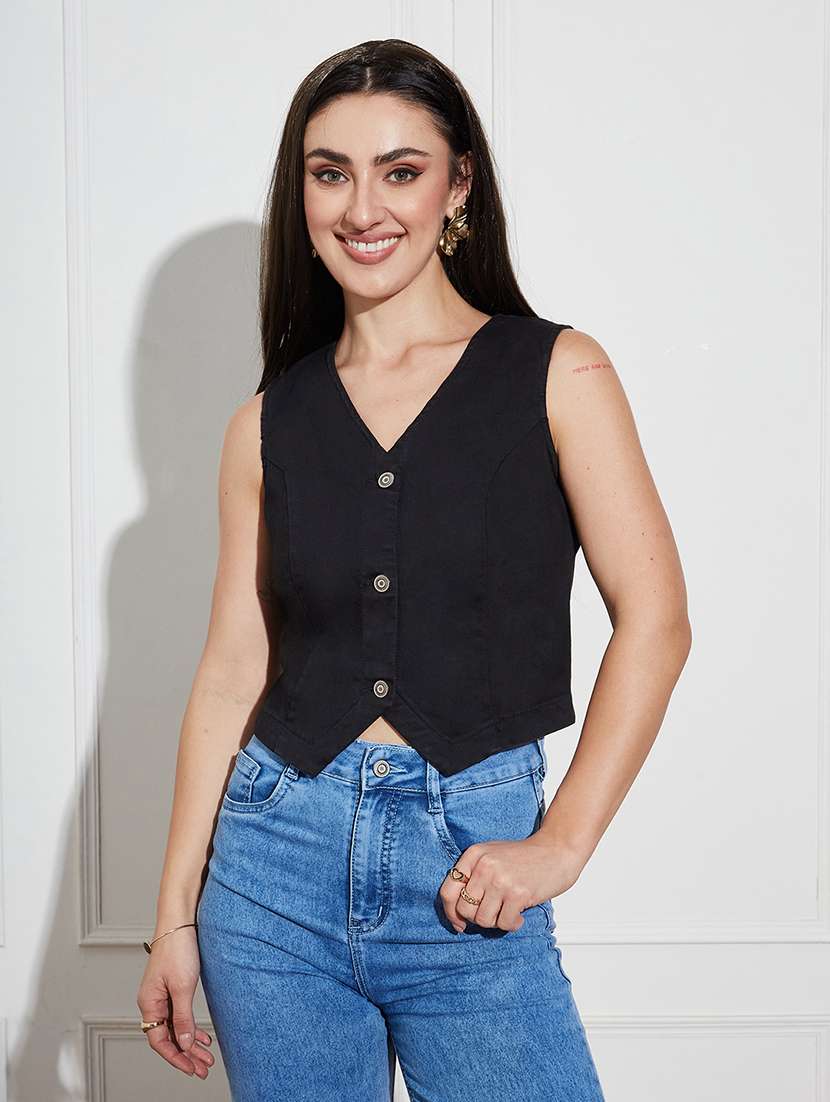 women solid  black denim regular top