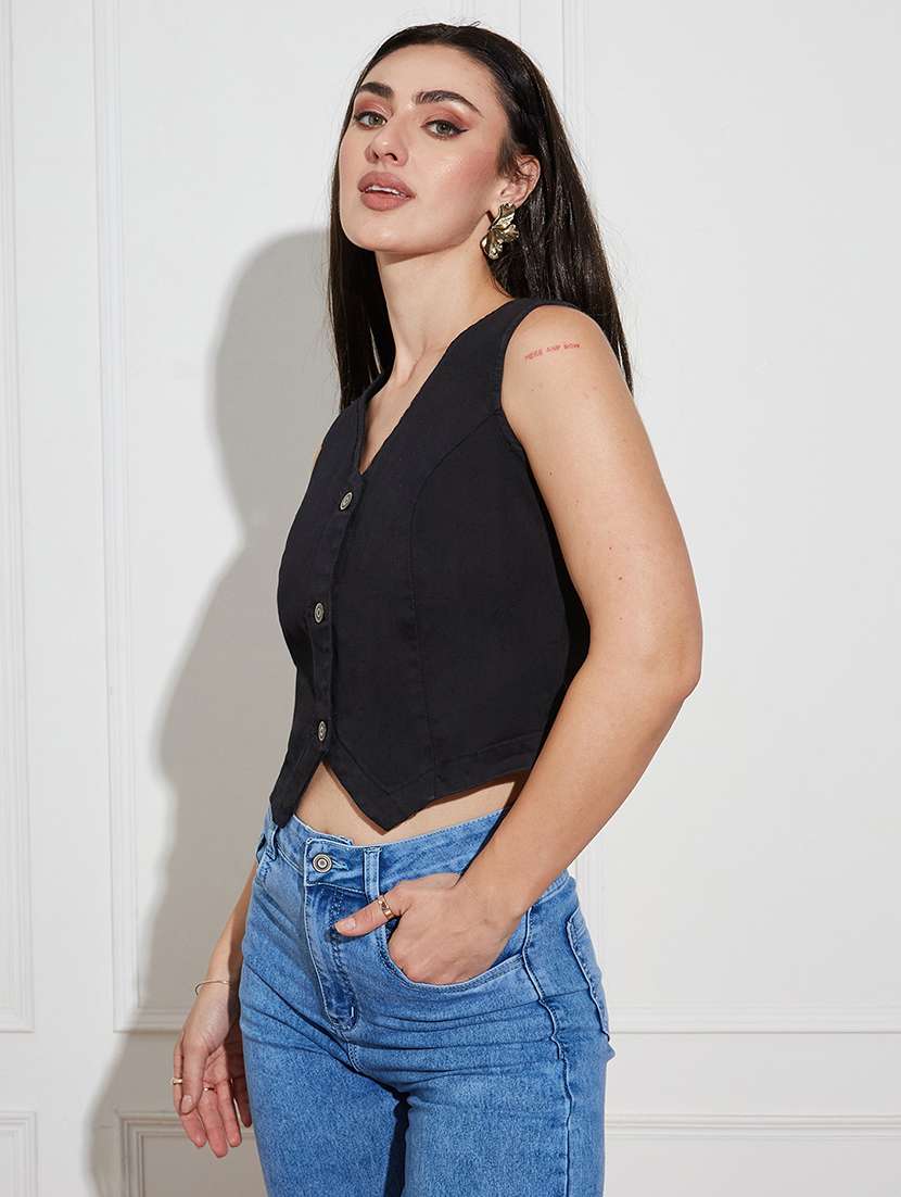 women solid  black denim regular top - 22472471 -  Standard Image - 3