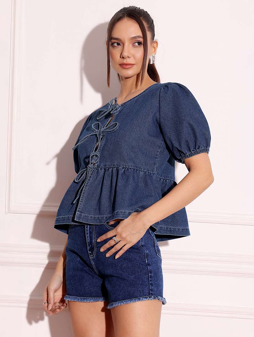 Women Solid Blue Denim Regular Top - 22472472 -  Standard Image - 3