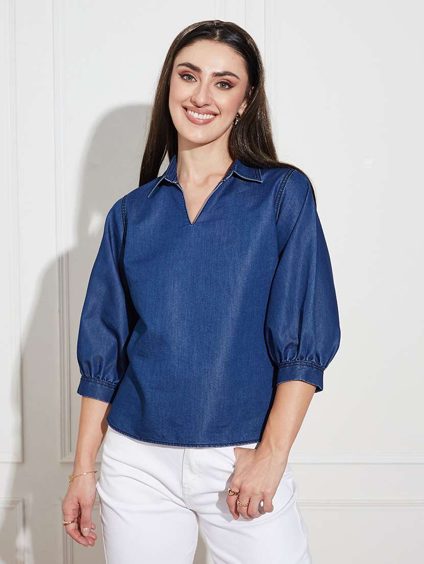 women solid  blue denim regular top