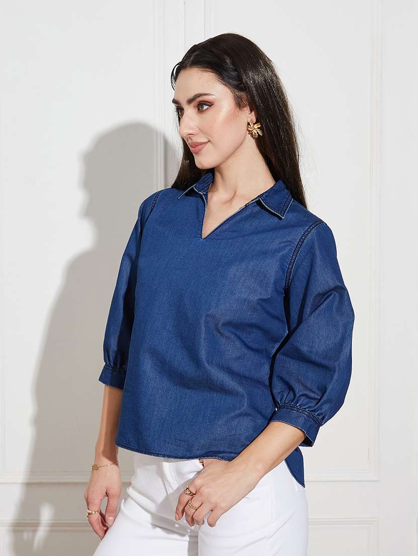 women solid  blue denim regular top - 22472473 -  Standard Image - 3