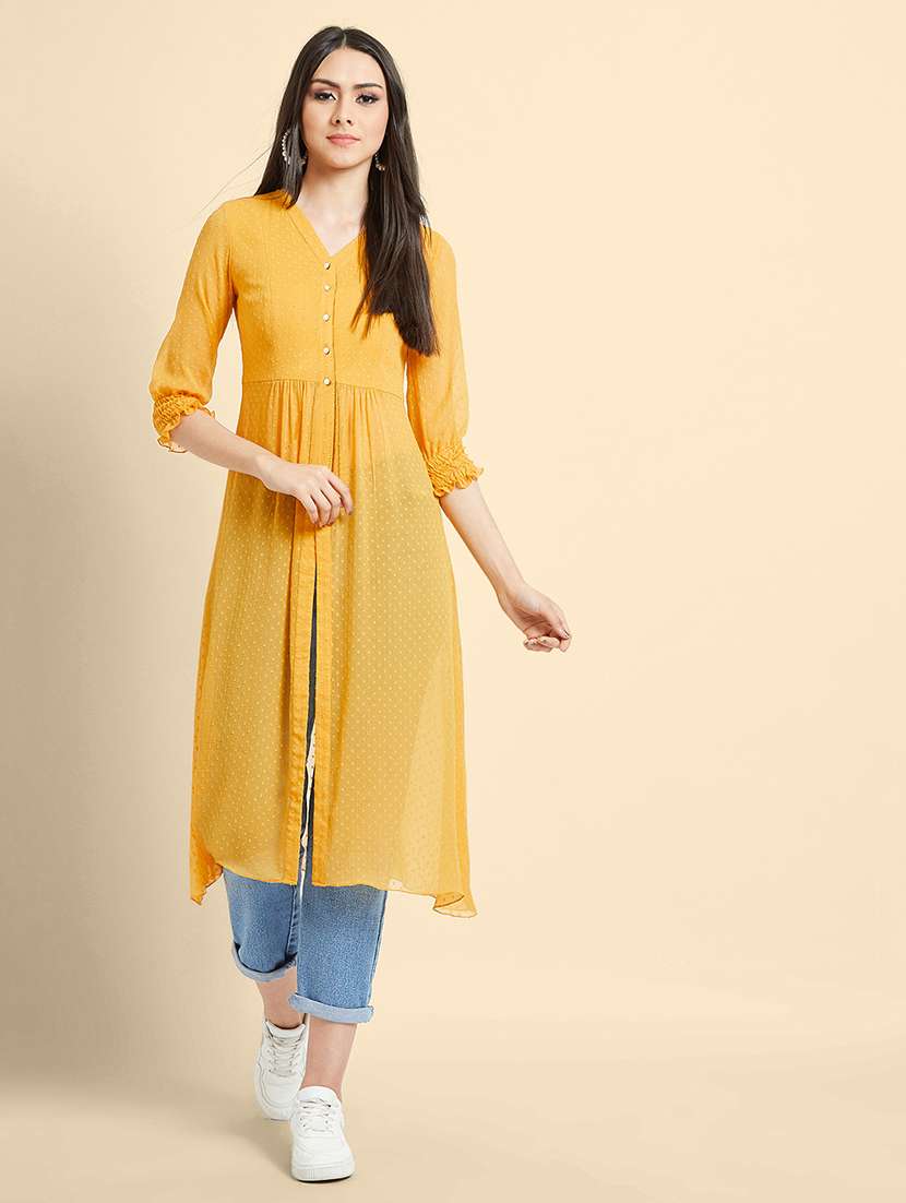 women solid yellow chiffon regular top