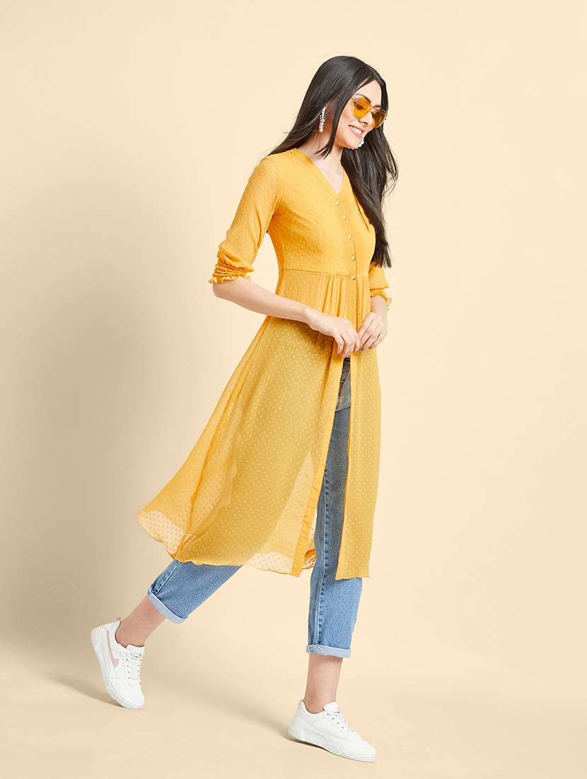 women solid yellow chiffon regular top - 22472476 -  Standard Image - 3