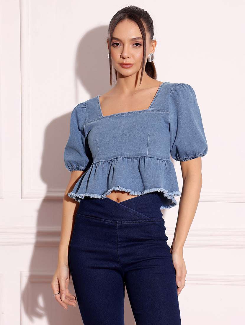 women solid blue denim regular top