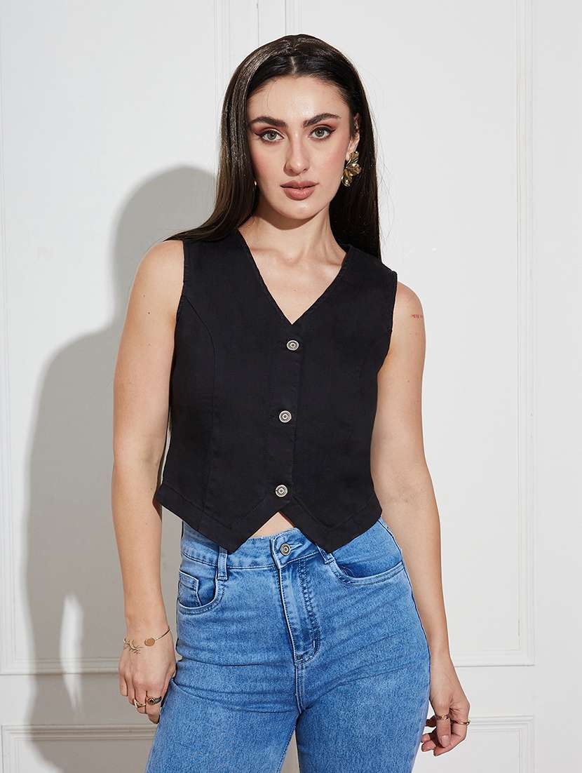 women solid black denim regular top