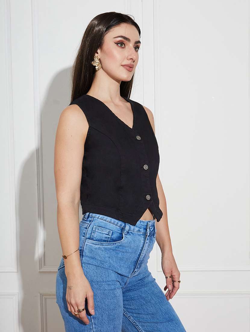 women solid black denim regular top - 22472480 -  Standard Image - 3
