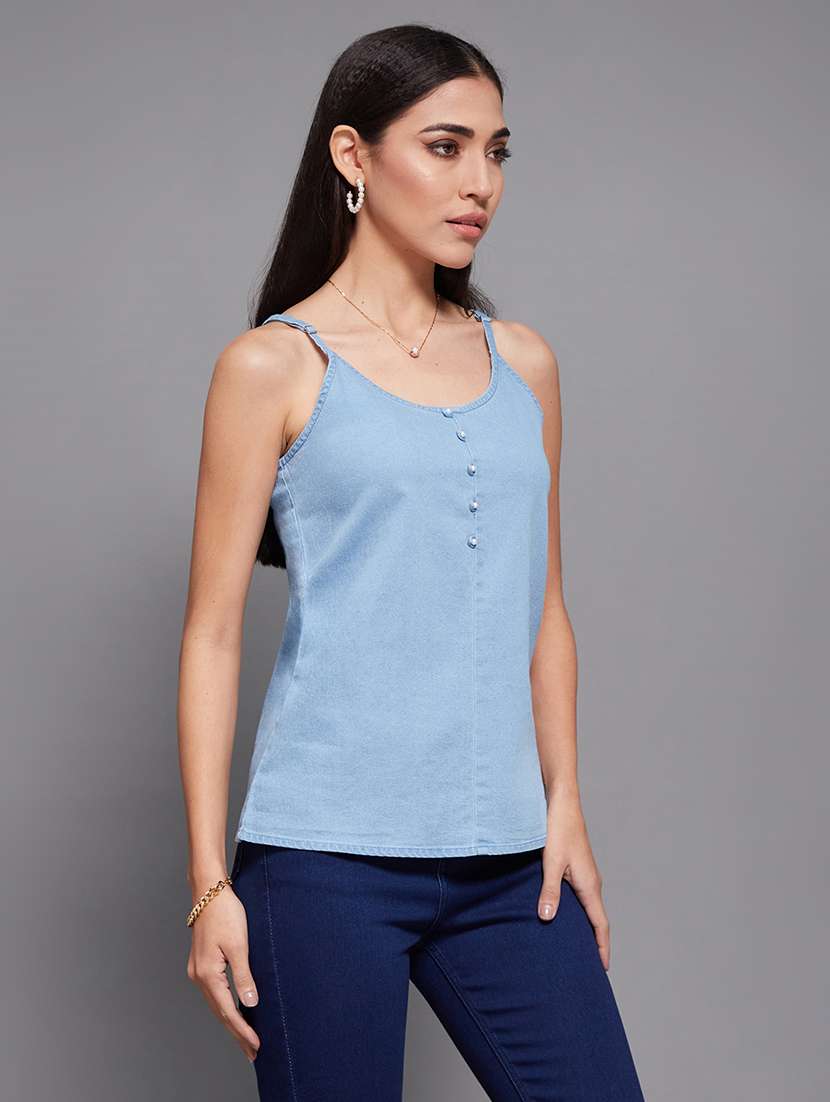 women solid blue denim regular top - 22472482 -  Standard Image - 3