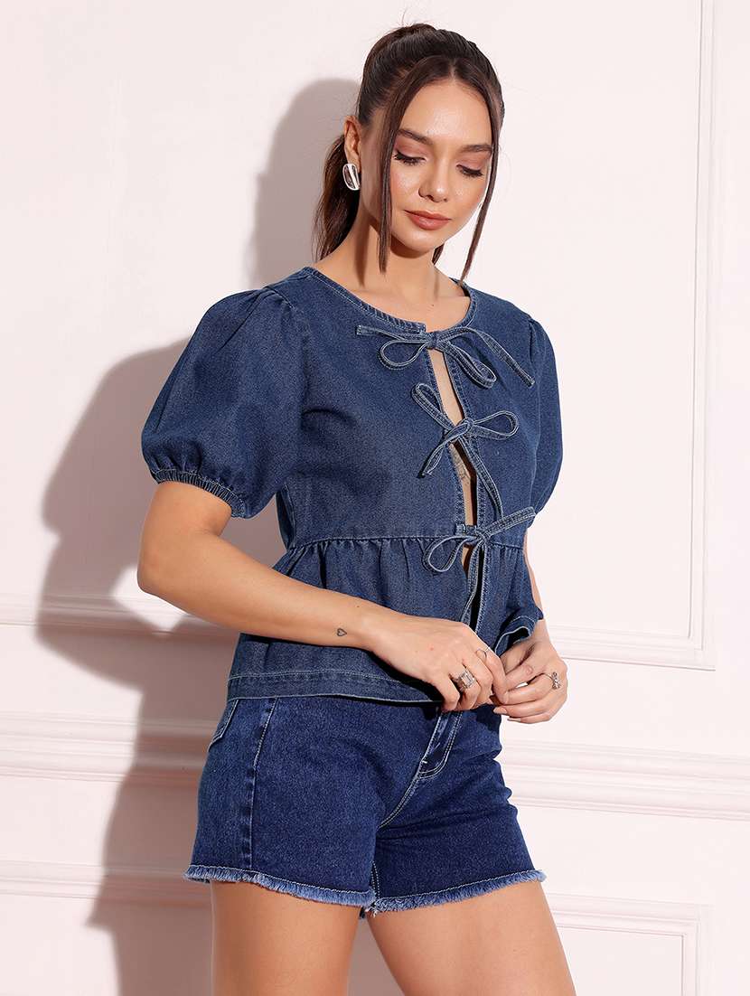 women solid blue denim regular top - 22472484 -  Standard Image - 3