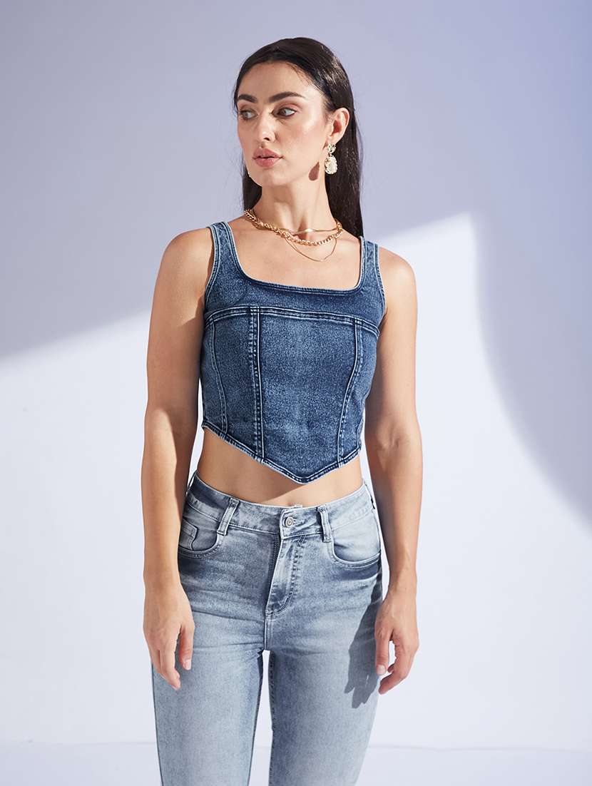women solid blue denim regular top