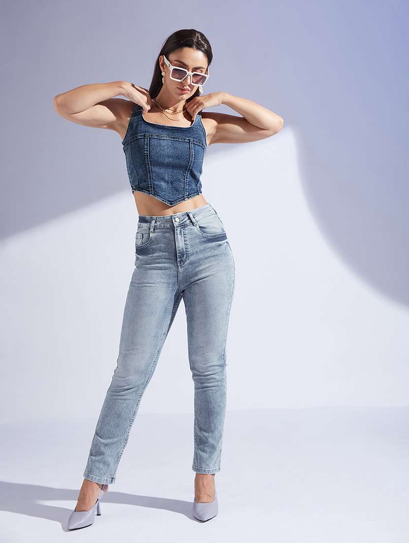 women solid blue denim regular top - 22472485 -  Standard Image - 3