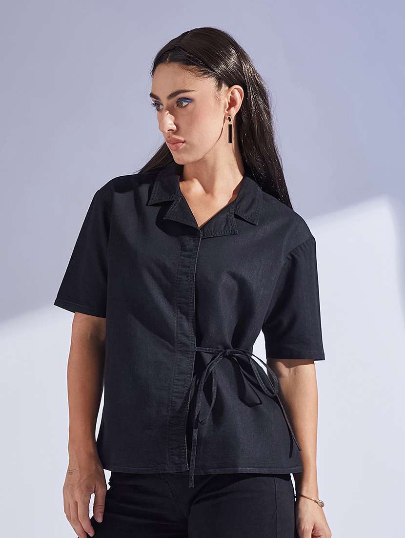 women solid black denim regular shirt