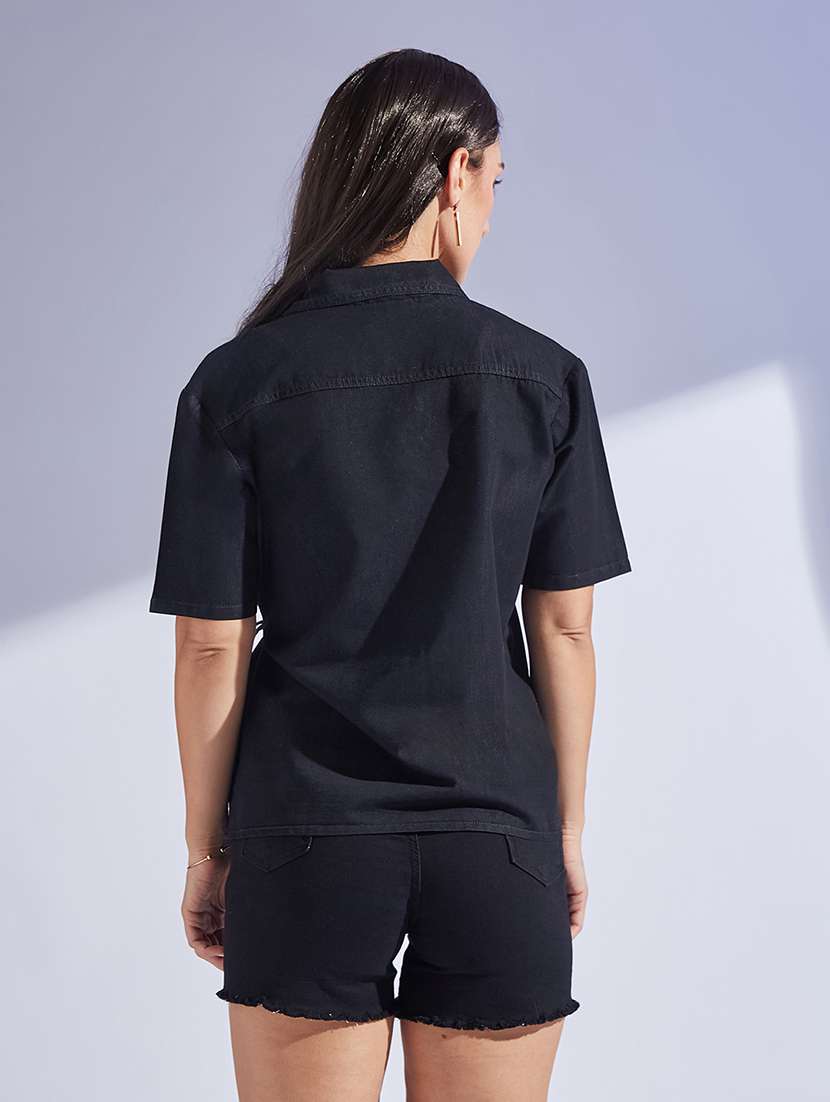 women solid black denim regular shirt - 22472486 -  Standard Image - 3