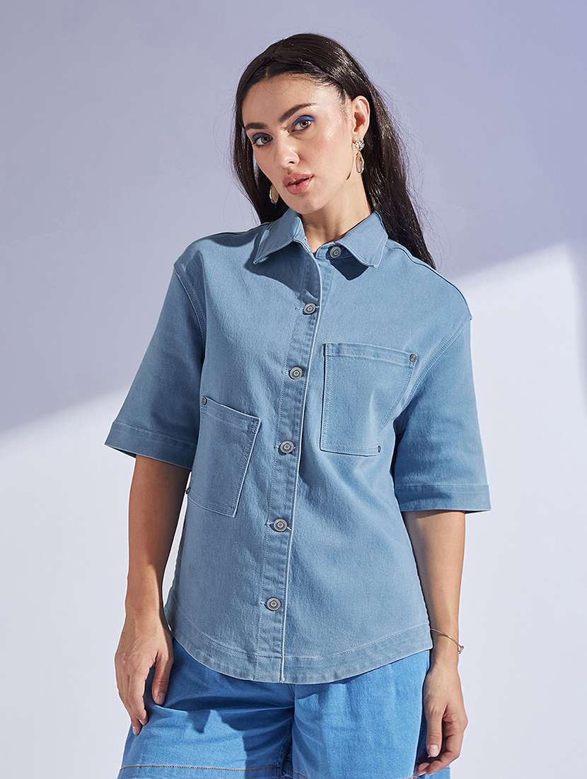 women blue denim regular shirt
