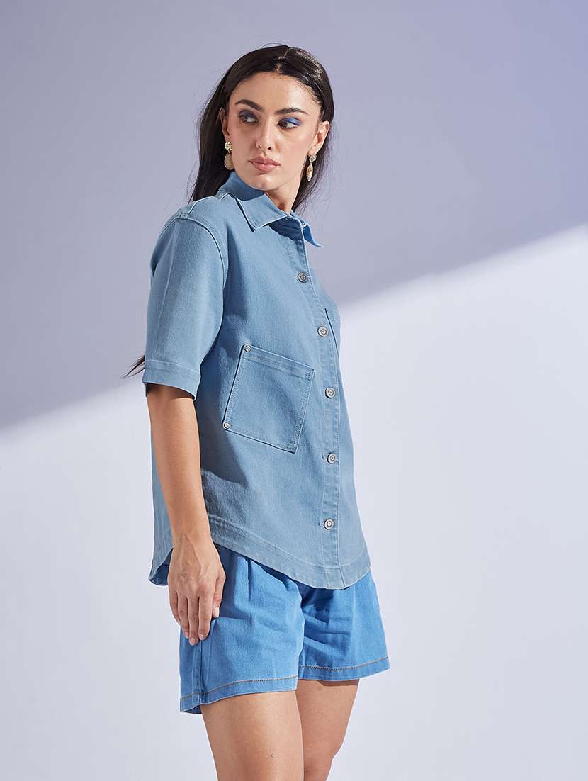 women blue denim regular shirt - 22472489 -  Standard Image - 3