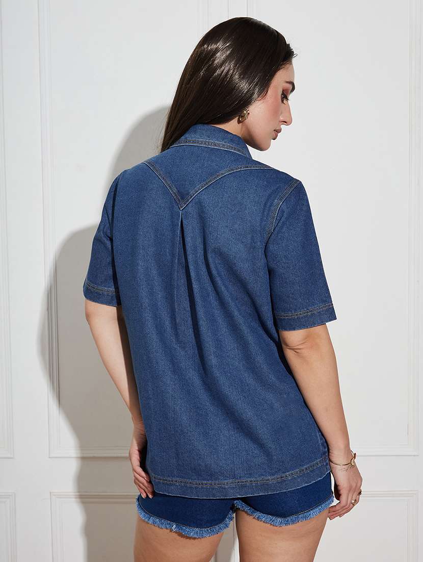 women solid blue denim regular shirt - 22472492 -  Standard Image - 3