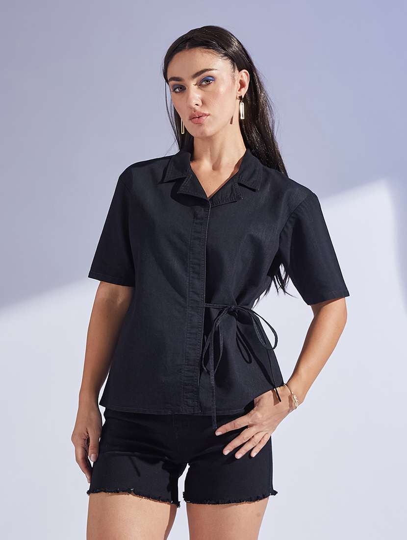 women solid black denim regular shirt