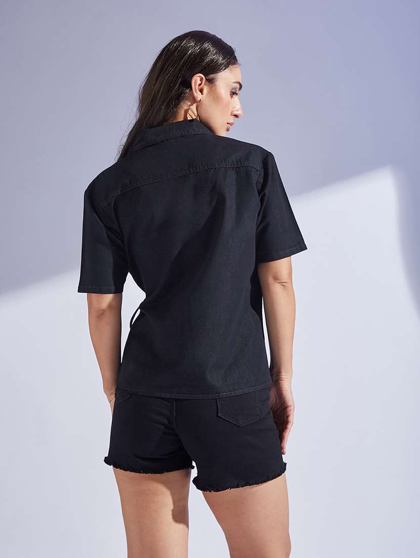 women solid black denim regular shirt - 22472494 -  Standard Image - 3