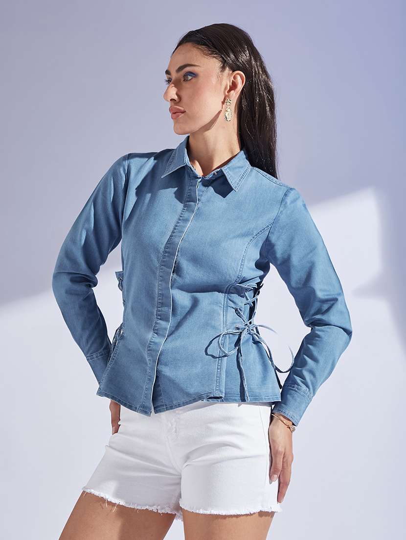 women solid collared long sleeve denim shirt